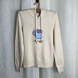 Life is Good S Ivory White Blue Tan Hot Marshmallow Chocolate Hooded Sweater